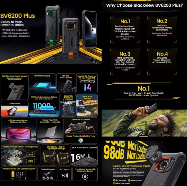 Blackview BV6200 Plus 4G Android 14 Smartphone 6.56inch Screen RAM 8GB+256GB ROM (Black) Smartphone smp