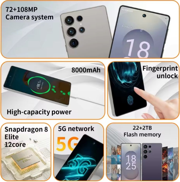 2025 S26 Ultra 7.3inch HD 4G 5G Android 22GB+2TB (Orange) Smartphone smp