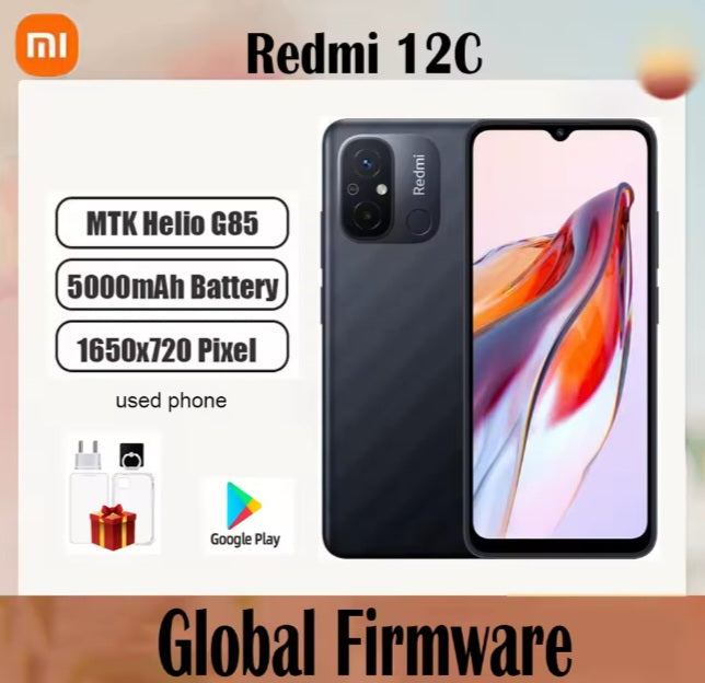 Xiaomi Redmi 12C Global Version Black Smartphone Facial Recognition & Fingerprint Unlock Function Dust Water & Scratch Resistant HD Screen Super/Fast Charging Smartphone (RAM 4GB+128GB ROM) + FREE Gift. smp