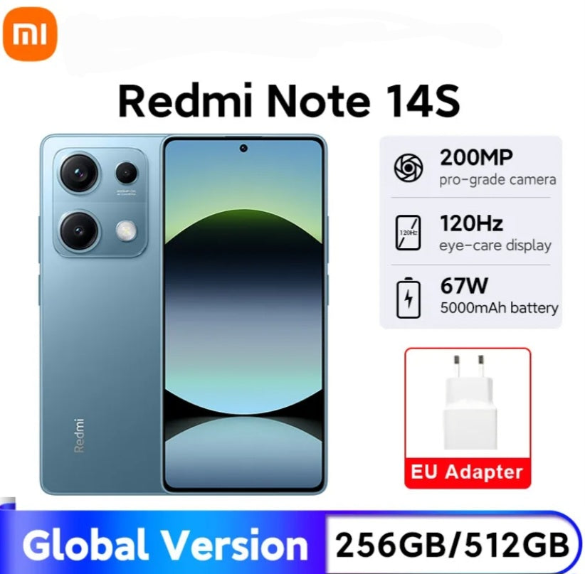 Xiaomi Redmi Note 14S Russian Version Blue Smartphone Facial Recognition & Fingerprint Unlock Function Dust Water & Scratch Resistant HD Screen Super/Fast Charging (RAM 8GB+128GB ROM) Smartphone. smp