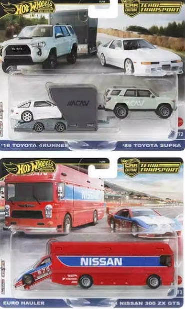 Hot Wheels Toyota 4Runner, 1989 Toyota Supra, Nissan 300 ZX GTS & Euro Hauler Toy Cars Set tys crs