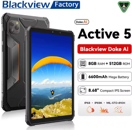 2025 Blackview Active 5 Rugged Android 15 Tablet 8.68inch HD Screen RAM 8GB+512GB ROM (Black) Tablet tbt