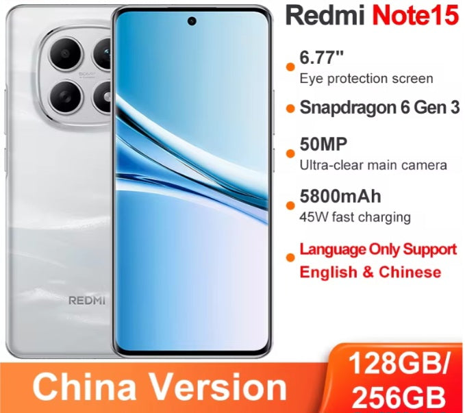 Xiaomi Redmi Note 15 Chinese Version White Smartphone Facial Recognition & Fingerprint Unlock Function Dust Water & Scratch Resistant HD Screen Super/Fast Charging Smartphone. smp