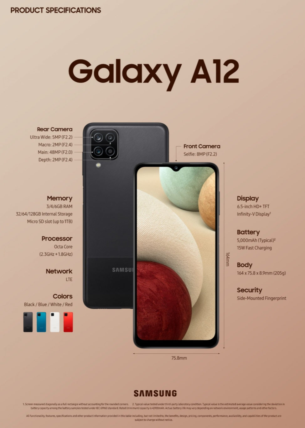 Samsung Galaxy A12 Global Version Black Smartphone Dust Water & Scratch Resistant HD Screen Super/Fast Charging Smartphone. smp