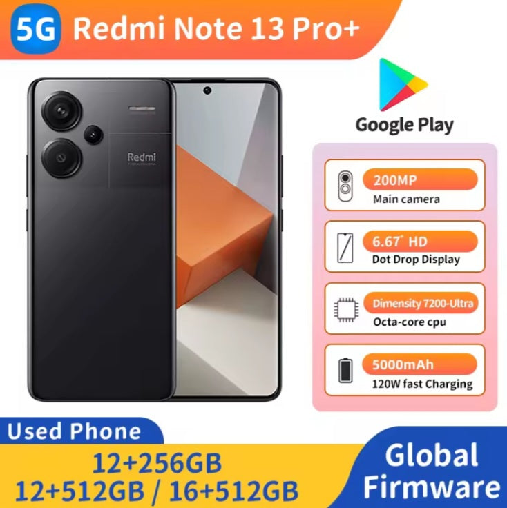 Xiaomi Redmi Note 13 Pro Plus 5G Global Version Gray Smartphone Facial Recognition & Fingerprint Unlock Function Dust Water & Scratch Resistant HD Screen Super/Fast Charging Smartphone (RAM 12GB+512GB ROM) smp