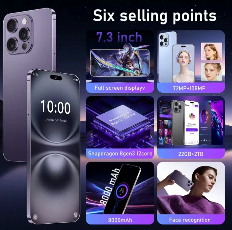 XS 16 Pro+ 8GB+256GB 7.3inch 4G 5G Android (Black) Smartphone smp
