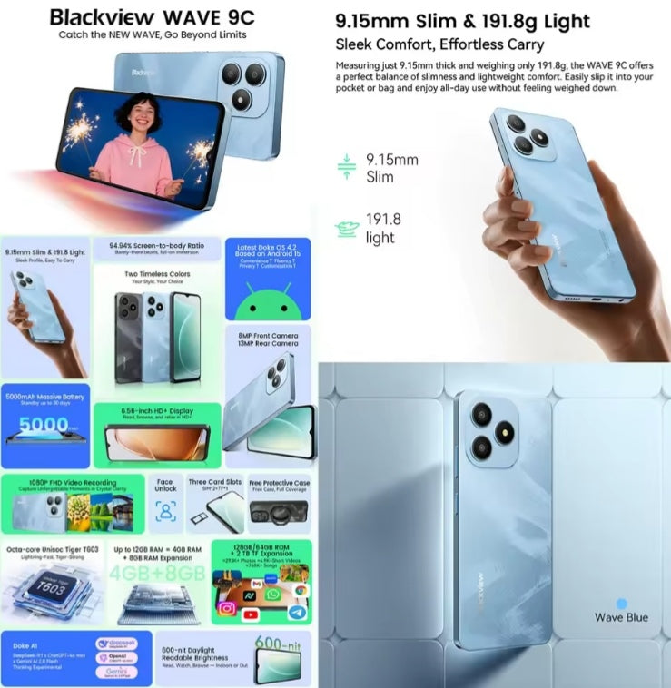 Blackview Wave 9C 4G Android 15 Smartphone 6.56inch HD=IPS Screen ROM 64GB (Black) Smartphone + FREE BT Earphones + FREE US Plug Adapter. smp