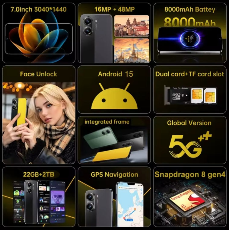 NEW X7 Pro 7.0 HD Global Edition 12GB 512GB Android Facial Recognition (Yellow) Smartphone smp