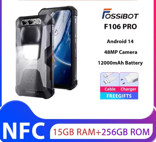 FOSSIBOT F106 Pro Global Version Rugged Smartphone Facial Recognition & Fingerprint Unlock Function Dust Water & Scratch Resistant HD Screen Super/Fast Charging Smartphone + FREE Cable Charger + Earphone. smp