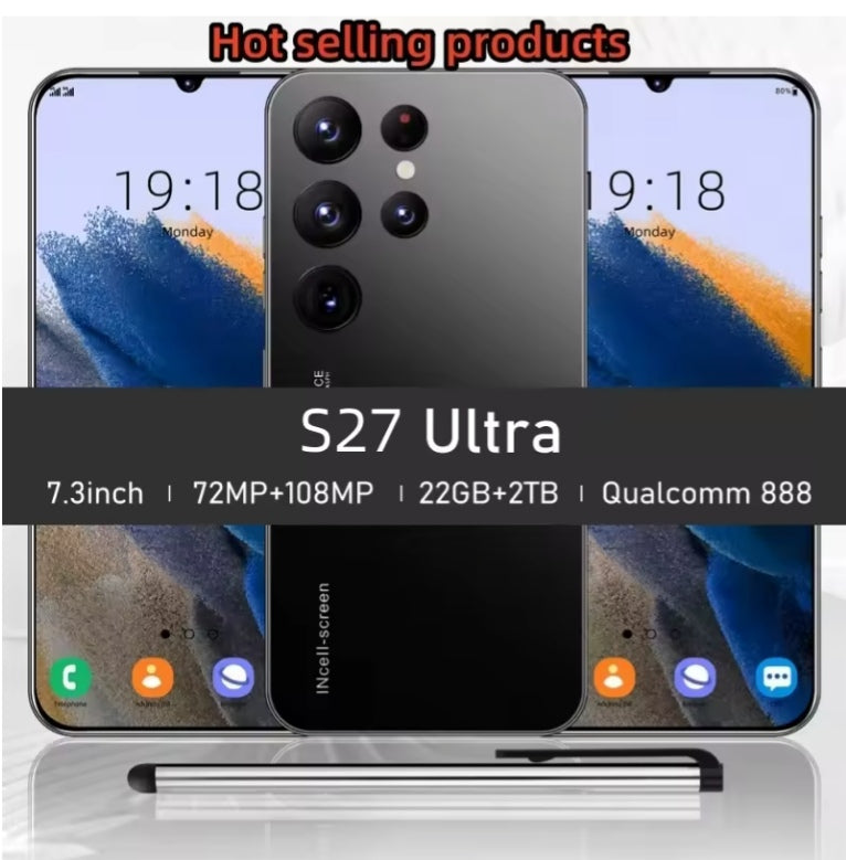 2026 HOT S27 Ultra 7.3 inch HD 4K 5G Android 13 22GB+2TB (Gold) Smartphone smp