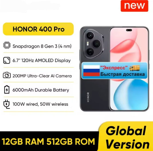 Honor 400 Pro 5G Global Version RU Ship Black Smartphone Facial Recognition & Fingerprint Unlock Function Dust Water & Scratch Resistant HD Screen Super/Fast Charging Smartphone smp