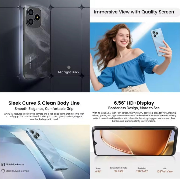 Blackview Wave 9C 4G Android 15 Smartphone 6.56inch HD Screen ROM 128GB (Blue) Smartphone + FREE BT Earphones + FREE US Plug Adapter. smp