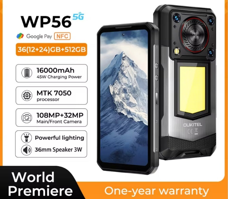 OUKITEL WP56 Rugged Waterproof 5G Android 15 Smartphone Global Version HD Screen Super/Fast Charging (Black) Smartphone smp
