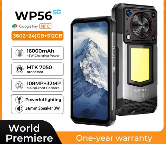 OUKITEL WP56 Rugged Waterproof 5G Android 15 Smartphone Global Version HD Screen Super/Fast Charging (Black) Smartphone smp