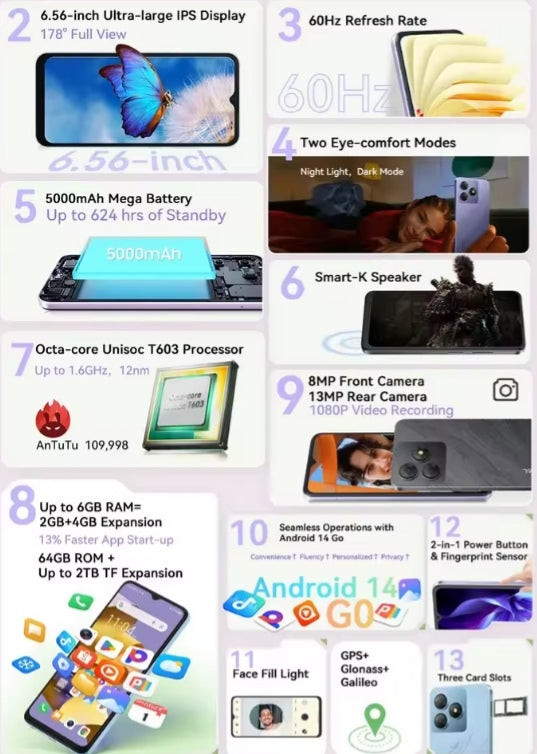 Blackview Oscal FLAT 2C 4G Android 14 Smartphone 6.56inch Screen RAM 4GB+64GB ROM (Black) Smartphone + FREE BT Earphones +FREE US Plug Adapter smp