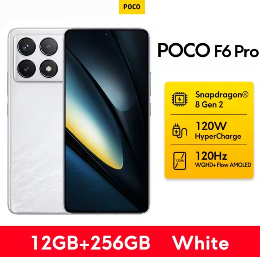 Xiaomi Poco F6 Pro Global Version White Smartphone Facial Recognition & Fingerprint Unlock Function Dust Water & Scratch Resistant HD Screen Super/Fast Charging (RAM 12GB+256GB ROM) Smartphone. smp