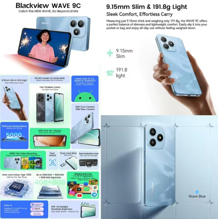 Blackview Wave 9C 4G Android 15 Smartphone 6.56inch HD Screen ROM 128GB (Blue) Smartphone + FREE BT Earphones + FREE US Plug Adapter. smp