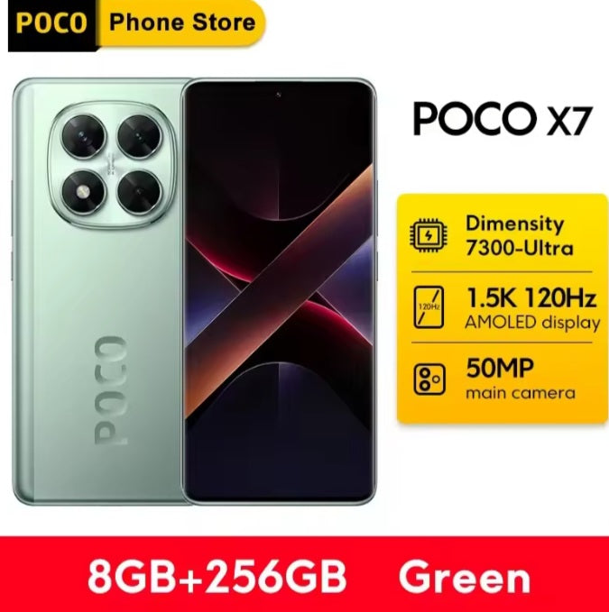 Xiaomi Poco X7 5G Global Version Green Smartphone Facial Recognition & Fingerprint Unlock Function Dust Water & Scratch Resistant HD Screen Super/Fast Charging (RAM 8GB+256GB ROM) Smartphone. smp