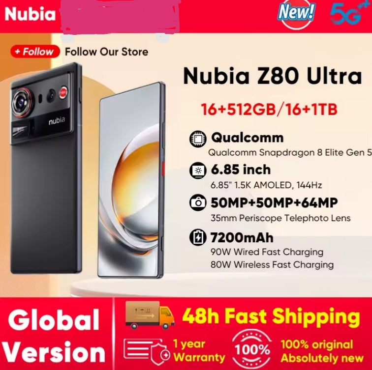 Nubia Z80 Ultra 5G Smartphone Global Version Snapdragon 8 Elite Gen 5 SuperCharge 6.8inch Screen RAM 12GB+256GB ROM (Black) Smartphone + FREE Phone Case. smp