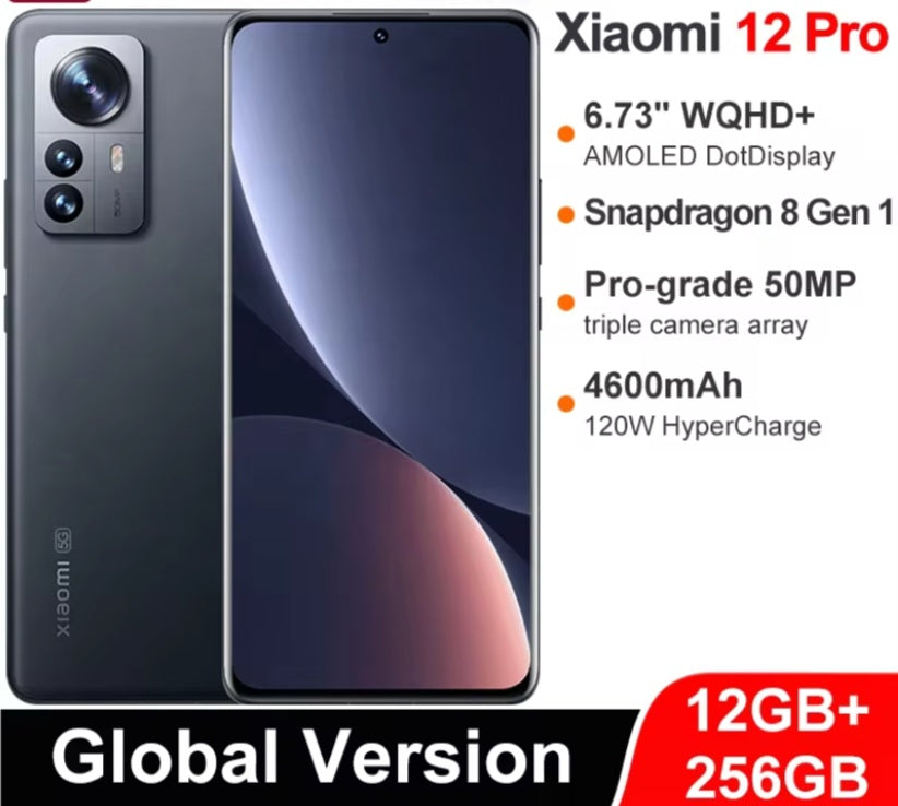 Xiaomi 12 Pro Global Version Gray Smartphone Dust Water & Scratch Resistant HD Screen Super/Fast Charging Smartphone. smp