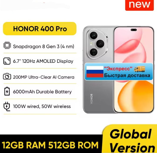 Honor 400 Pro 5G Global Version Ru Ship Grey Smartphone Facial Recognition & Fingerprint Unlock Function Dust Water & Scratch Resistant HD Screen Super/Fast Charging Smartphone smp