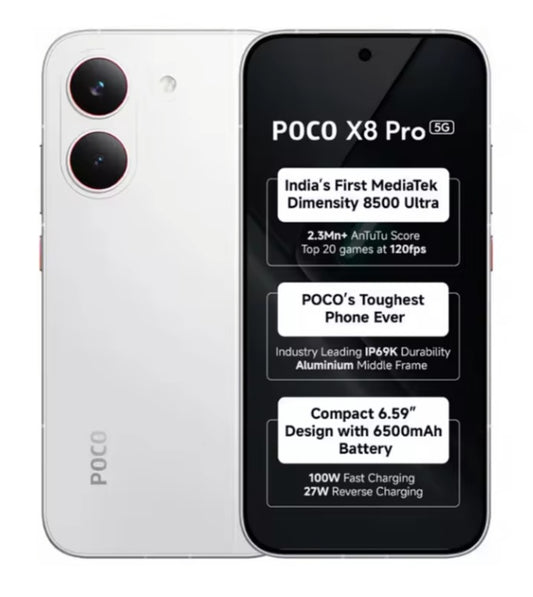 Xiaomi Poco X8 Pro 5G Global Version White Smartphone Facial Recognition & Fingerprint Unlock Function Dust Water & Scratch Resistant HD Screen Super/Fast Charging (RAM 8GB+256GB ROM) Smartphone. smp
