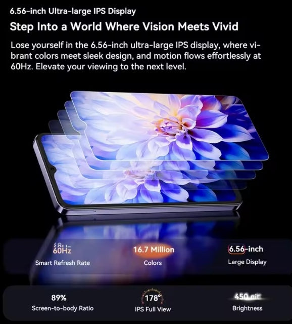 Blackview Oscal FLAT 2C 4G Android 14 Smartphone 6.56inch Screen RAM 4GB+64GB ROM (Black) Smartphone + FREE BT Earphones +FREE US Plug Adapter smp