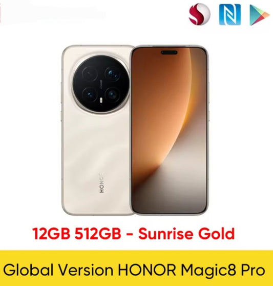 Honor Magic 8 Pro Global Version Sunrise Gold Smartphone Facial Recognition & Fingerprint Unlock Function Dust Water & Scratch Resistant HD Screen Super/Fast Charging Smartphone + FREE Gift Plug Adaptor smp