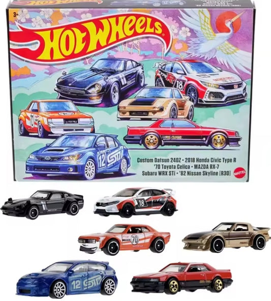 Hot Wheels Premium "6 Piece Set Toy Cars; Custom Datsun 240Z, 2018 Honda Civic Type R, 1970 Toyota Celica, Mazda RX7, Subaru WRX STI, 1982 Nissan Skyline" tys crs