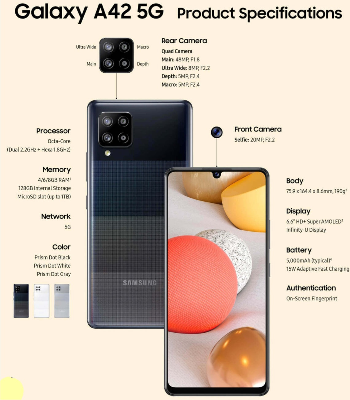 Samsung Galaxy A42 Global Version Gray Smartphone Dust Water & Scratch Resistant HD Screen Super/Fast Charging Smartphone. smp