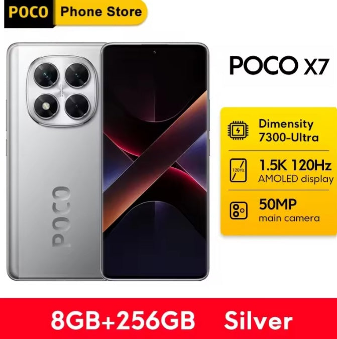 Xiaomi Poco X7 5G Global Version Silver Smartphone Facial Recognition & Fingerprint Unlock Function Dust Water & Scratch Resistant HD Screen Super/Fast Charging (RAM 8GB+256GB ROM) Smartphone. smp
