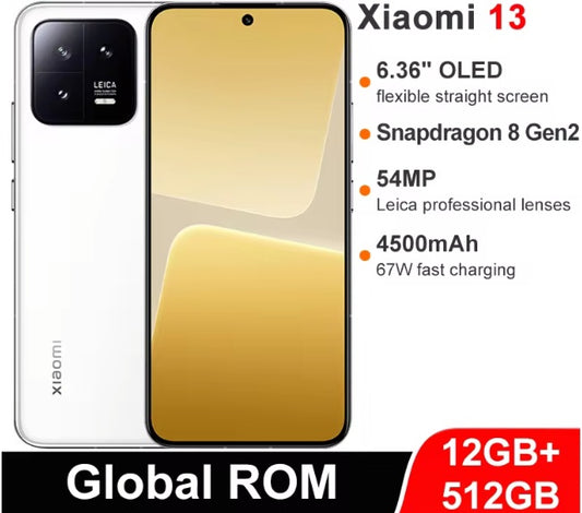 Xiaomi 13 Chinese/Global Version White Smartphone Facial Recognition & Fingerprint Unlock Function Dust Water & Scratch Resistant HD Screen Super/Fast Charging (RAM 12GB+512GB ROM) Smartphone. smp