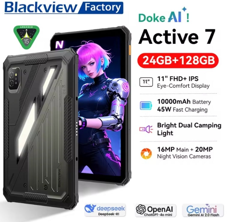 Blackview Active 7 Rugged 11inch Tablet RAM 24GB+128GB ROM Global Version Android 15 NFC (Black) Tablet tbt