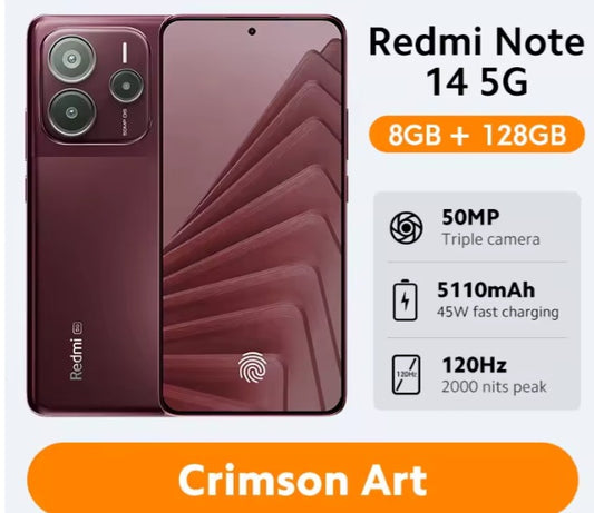 Xiaomi  Redmi Note 14 5G Global Version Crimson Smartphone Facial Recognition & Fingerprint Unlock Function Dust Water & Scratch Resistant HD Screen Super/Fast Charging (RAM 8GB+128GB) Smartphone smp