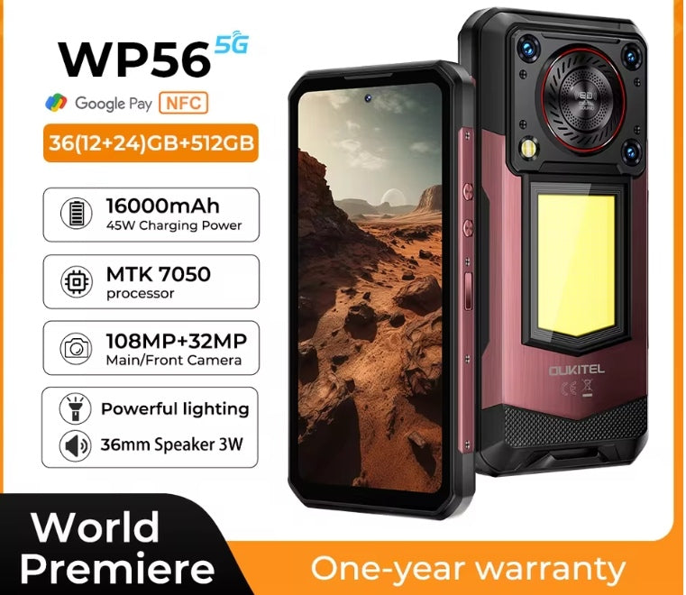 OUKITEL WP56 Rugged Waterproof 5G Android 15 Smartphone Global Version HD Screen Super/Fast Charging (Red) Smartphone smp