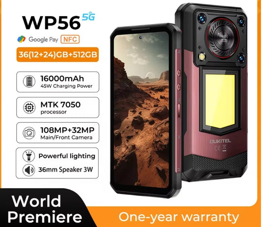 OUKITEL WP56 Rugged Waterproof 5G Android 15 Smartphone Global Version HD Screen Super/Fast Charging (Red) Smartphone smp