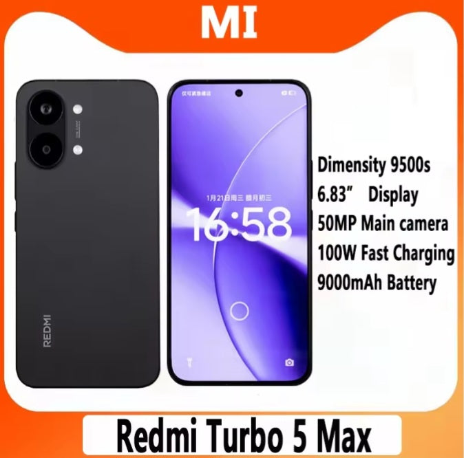 Xiaomi Redmi Turbo 5 Max Chinese Version Blue Smartphone Facial Recognition & Fingerprint Unlock Function Dust Water & Scratch Resistant HD Screen Super/Fast Charging (RAM 12GB+512GB ROM) Smartphone. smp