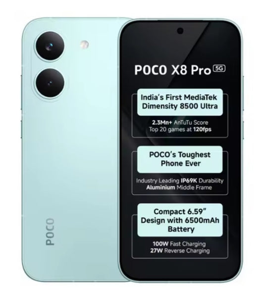 Xiaomi Poco X8 Pro 5G Global Version Mint Green Smartphone Facial Recognition & Fingerprint Unlock Function Dust Water & Scratch Resistant HD Screen Super/Fast Charging (RAM 8GB+256GB ROM) Smartphone. smp