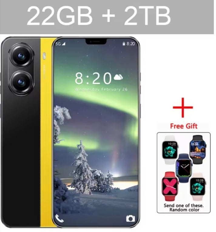 NEW X7 Pro 7.0 HD Global Edition 22GB 2TB Android Facial Recognition Function (Yellow) Smartphone + FREE Smartwatch. smp