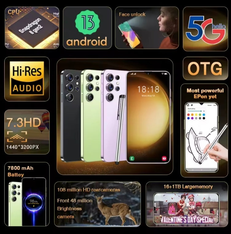 2026 HOT S27 Ultra 7.3 inch HD 4K 5G Android 13 22GB+2TB (Gold) Smartphone smp