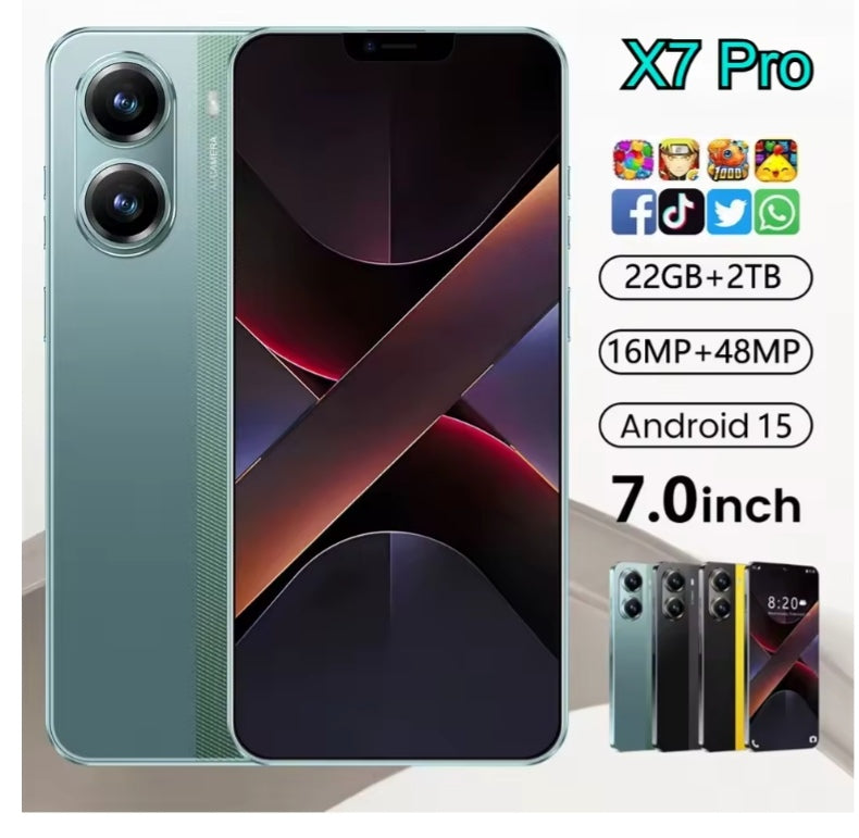 NEW X7 Pro 7.0 HD Global Edition 22GB 2TB Android Facial Recognition Function (Yellow) Smartphone + FREE Smartwatch. smp