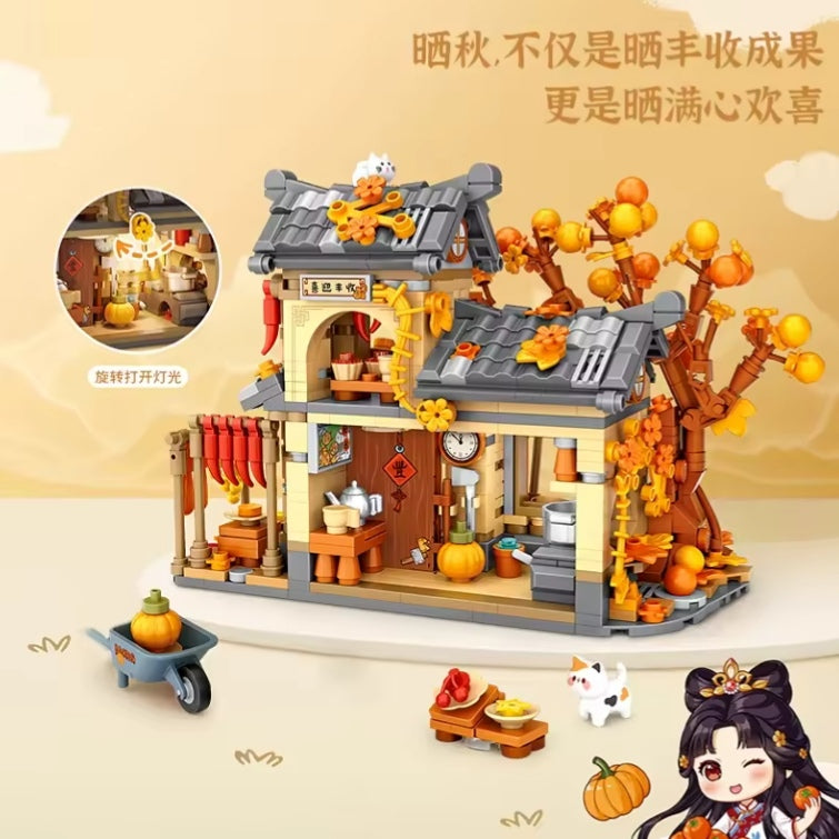 Children's Autumn Harvest Cottage Farm Pumpkin House Building Blocks Set Toys tys bbs