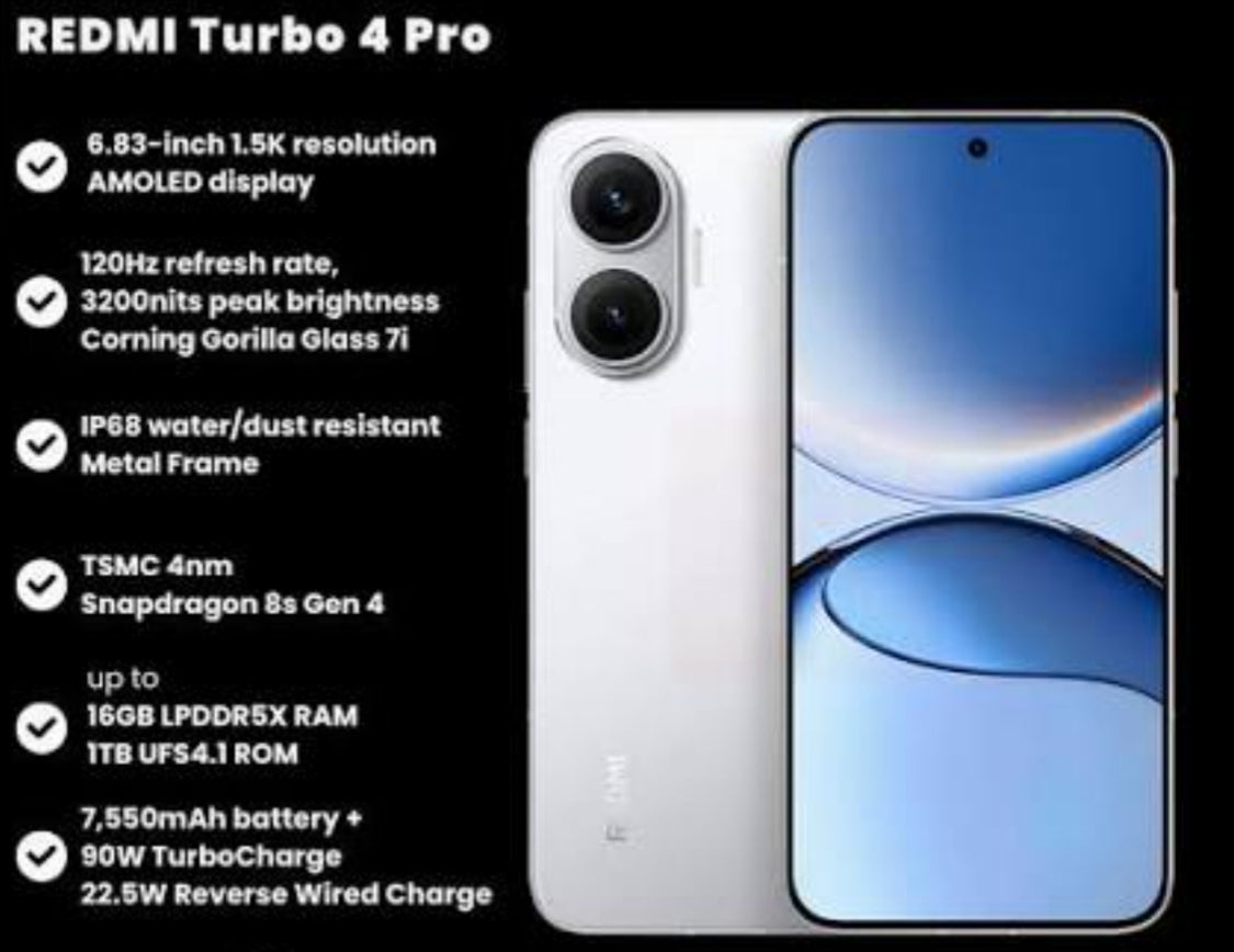 Xiaomi Redmi Turbo 4 Pro Smartphone Chinese Version Super/Fast Charging Snapdragon 8s Gen 4 Water & Dust Resistant RAM 12GB+256GB ROM (Black) Smartphone smp