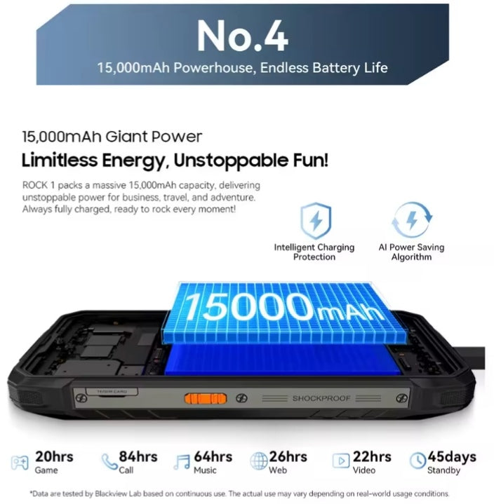 Blackview ROCK 1: 6.56inch HD Screen RAM 8GB+256GB ROM 4G Android 16 Rugged Smartphone + FREE BT Earphones. smp