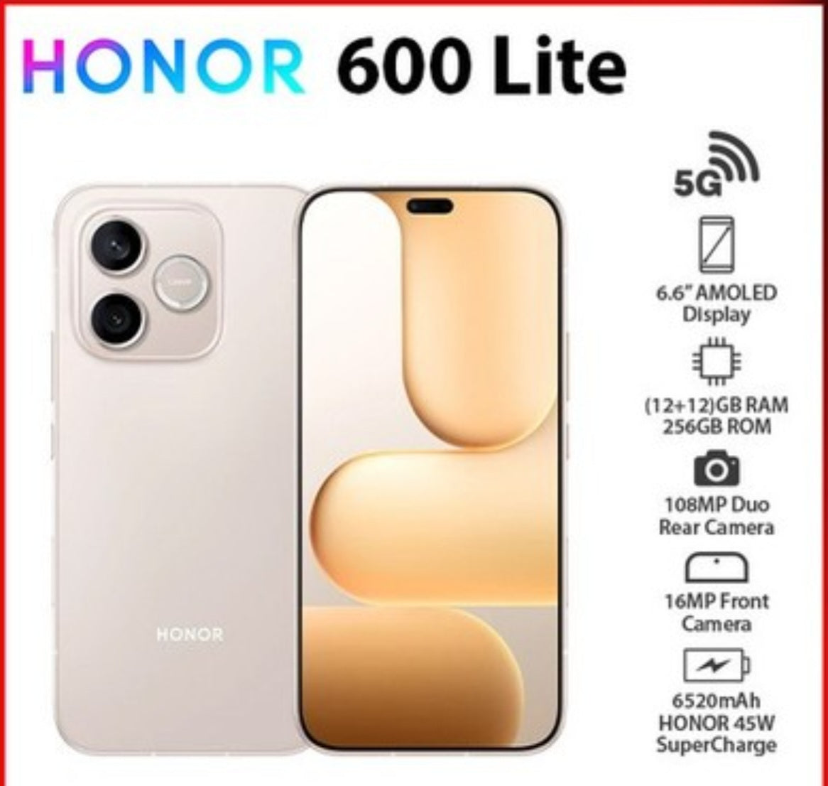 Honor 600 Lite UK Version Gold Smartphone Dust Water & Scratch Resistant HD Screen Super/Fast Charging Smartphone (RAM 8GB+256GB ROM). smp