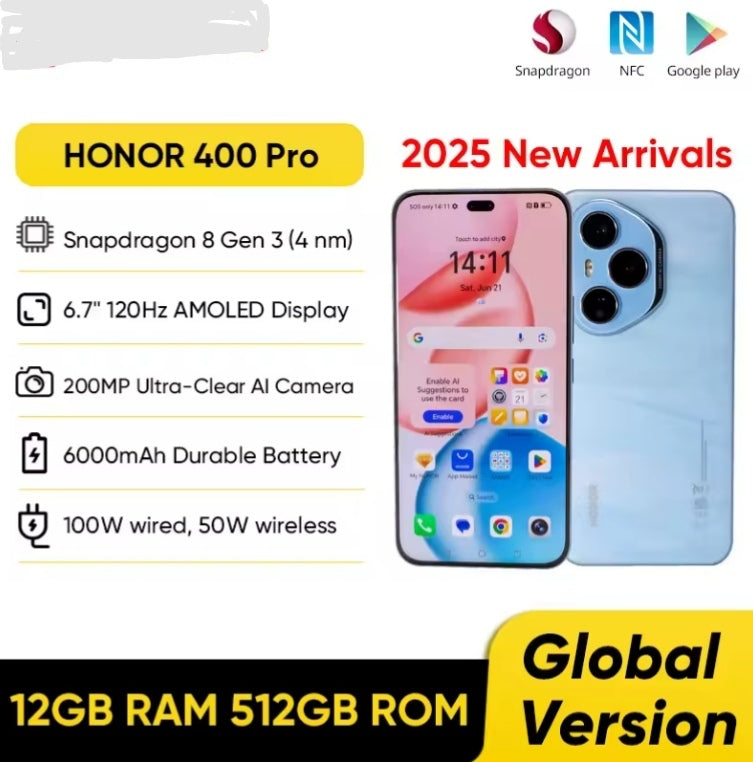 Honor 400 Pro Global Version Snapdragon 8 Gen 3 5G Smartphone 6.7inch Screen  RAM 12GB+512GB ROM SuperCharge (Blue) Smartphone smp