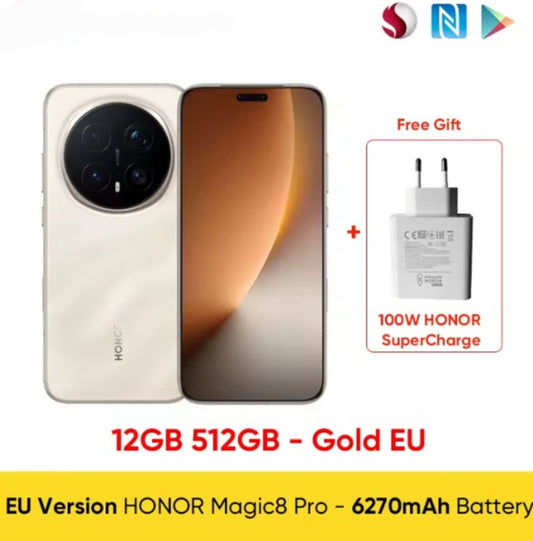 Honor Magic 8 Pro EU Version Gold Smartphone Facial Recognition & Fingerprint Unlock Function Dust Water & Scratch Resistant HD Screen Super/Fast Charging Smartphone + FREE Gift Plug Adaptor smp