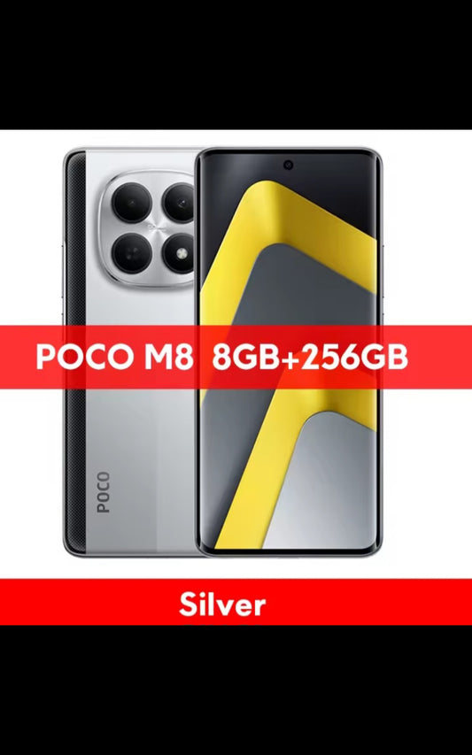Xiaomi Poco M8 5G Global Version Silver Smartphone Facial Recognition & Fingerprint Unlock Function Dust Water & Scratch Resistant HD Screen Super/Fast Charging (RAM 8GB+256GB ROM) Smartphone. smp