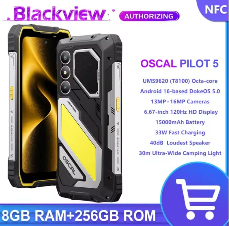 Blackview Pilot 5 Rugged Global Version Smartphone Facial Recognition & Fingerprint Unlock Function Dust Water & Scratch Resistant HD Screen Super/Fast Charging Yellow Smartphone smp