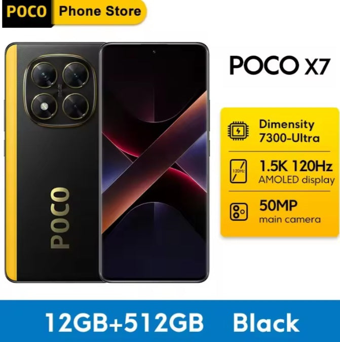 Xiaomi Poco X7 5G Global Version Black Smartphone Facial Recognition & Fingerprint Unlock Function Dust Water & Scratch Resistant HD Screen Super/Fast Charging (RAM 12GB+512GB ROM) Smartphone. smp